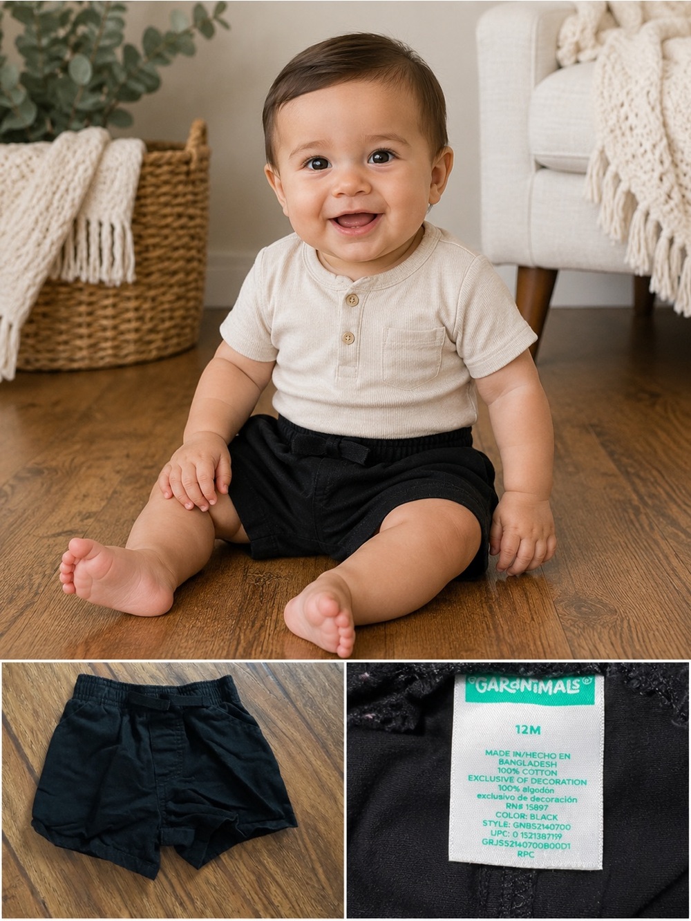Black pull-on baby shorts by Garanimals, size 12M.